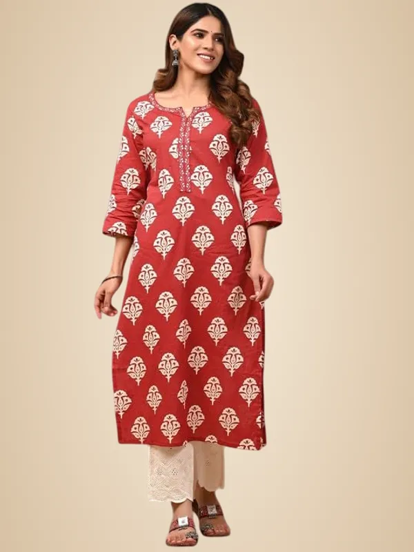 Red_Rayon_Printed_Straight_Kurti_With_Pant_Set_For_Women