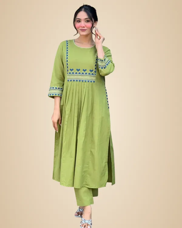 Olive_Green_Rayon_Embroidered_A-Linen_Kurti_With_Pant_Set_For_Women