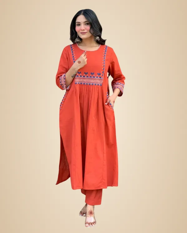 Orange_Rayon_Embroidered_A-Linen_Kurti_With_Pant_Set_For_Women