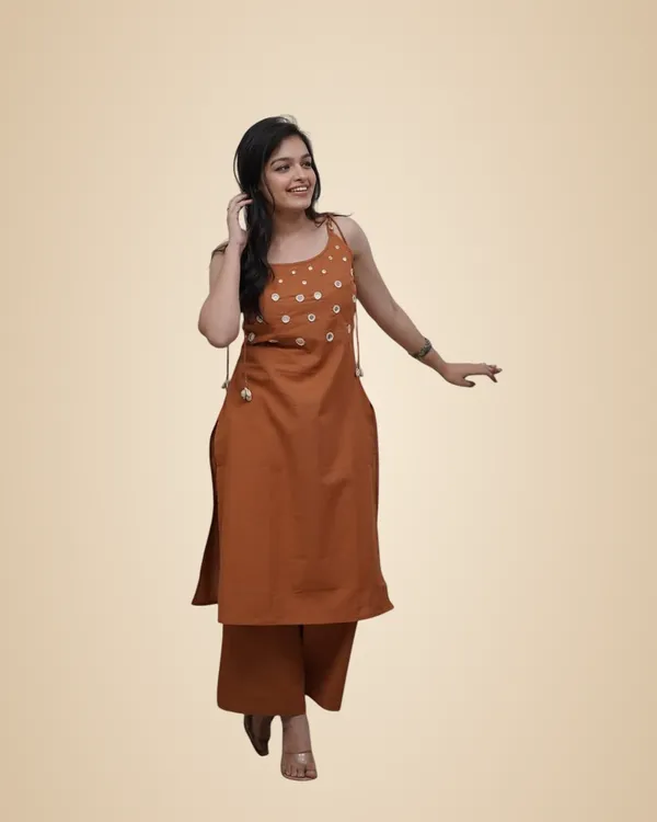Brown_Cotton_Embroidery_Sleeveless_Kurti_With_Ankle_Length_Pant_Set_For_Women