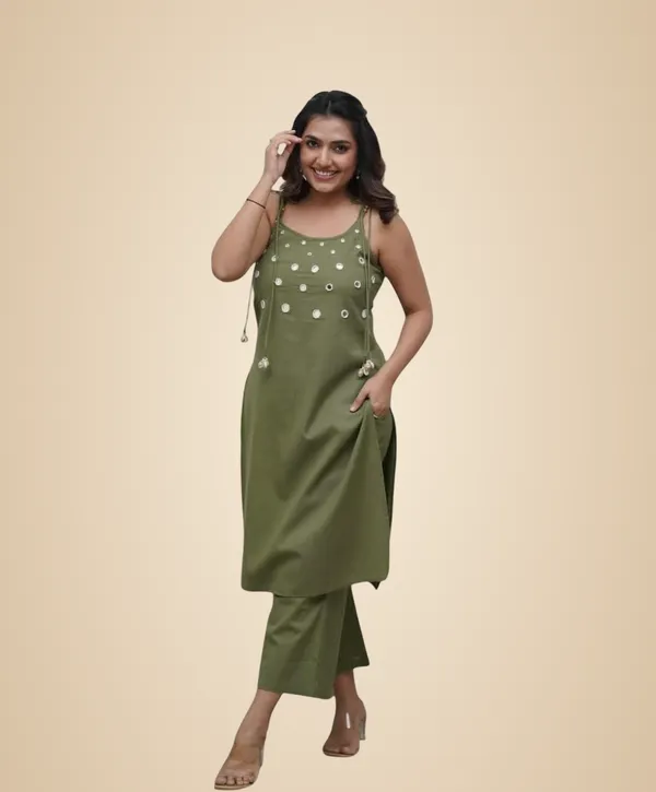 Green_Cotton_Embroidery_Sleeveless_Kurti_With_Ankle_Length_Pant_Set_For_Women