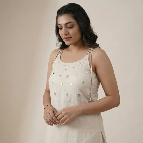 White_Cotton_Embroidery_Sleeveless_Kurti_With_Ankle_Length_Pant_Set_For_Women