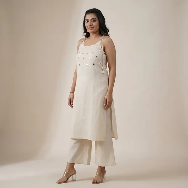 White_Cotton_Embroidery_Sleeveless_Kurti_With_Ankle_Length_Pant_Set_For_Women