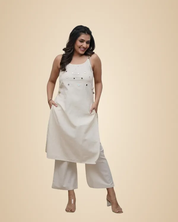 White_Cotton_Embroidery_Sleeveless_Kurti_With_Ankle_Length_Pant_Set_For_Women