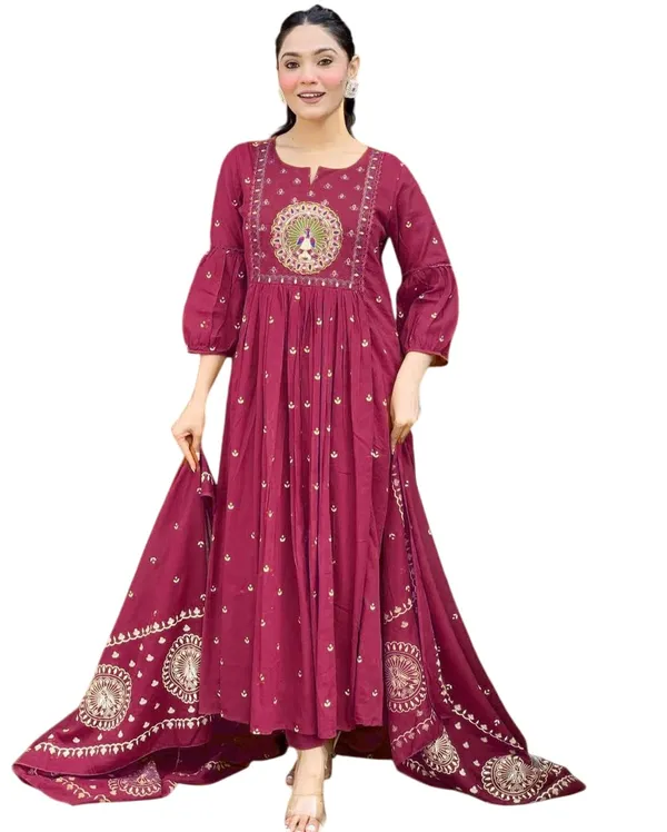 Burgundy_Cotton_Embroidered_Anarkali_Kurti_With_Malmal_Dupatta_Set_For_Women