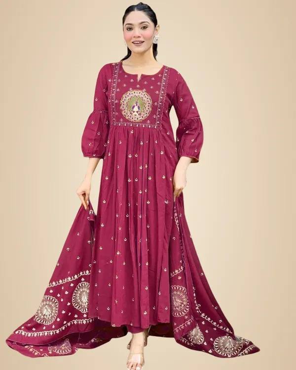 Burgundy_Cotton_Embroidered_Anarkali_Kurti_With_Malmal_Dupatta_Set_For_Women