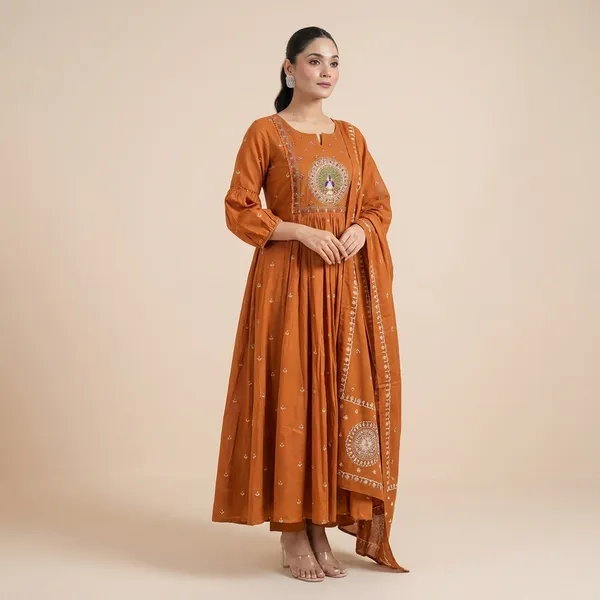 Orange_Cotton_Embroidered_Anarkali_Kurti_With_Malmal_Dupatta_Set_For_Women