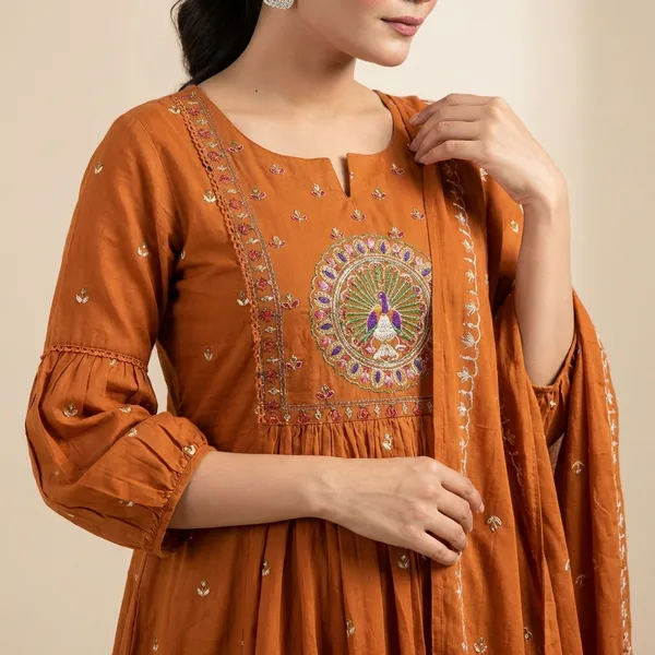 Orange_Cotton_Embroidered_Anarkali_Kurti_With_Malmal_Dupatta_Set_For_Women