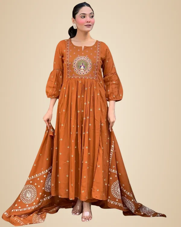 Orange_Cotton_Embroidered_Anarkali_Kurti_With_Malmal_Dupatta_Set_For_Women