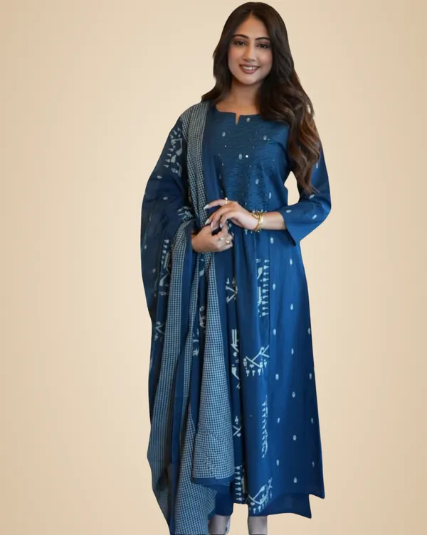 Blue_Cotton_Embroidered_Anarkali_Kurti_With_Pant_Set_For_Women