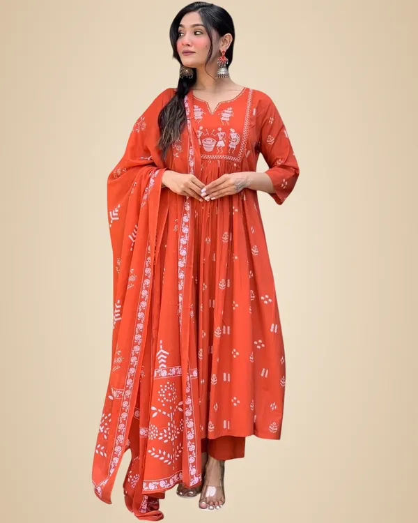 Orange_Cotton_Floral_Embroidered_Round_Neck_Regular_Kurti_Pant_Dupatta_Set_For_Women