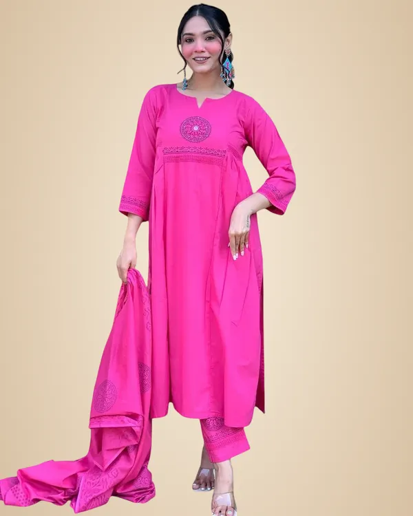 Pink_Cotton_Embroidery_Hand_Block_Floral_Kurti_Pant_With_Dupatta_Set_For_Women