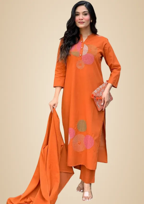 Orange_Cotton_Embroidery_Straight_Kurti_Pant_With_Dupatta_Set_For_Women