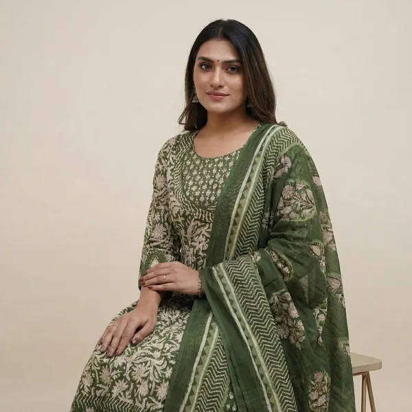 Green_Cotton_Floral_Printed_Anarkali_Kurti_With_Pant_And_Mulmul_Dupatta_Set_For_Women