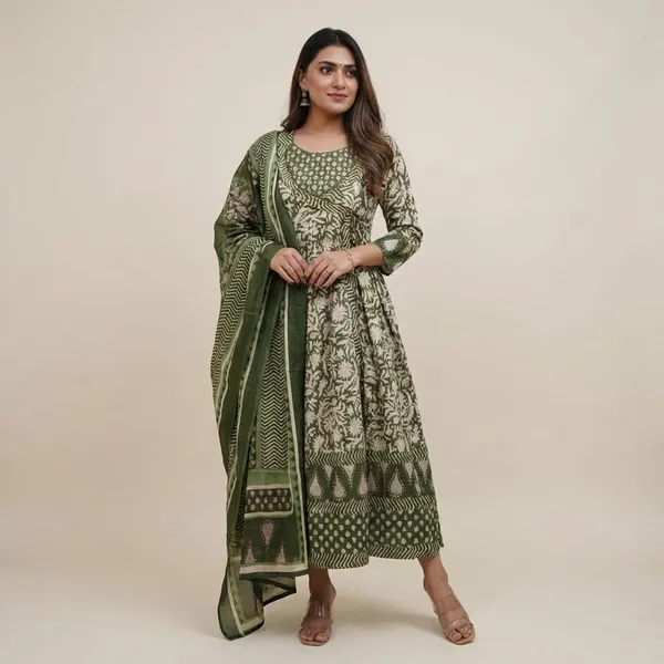 Green_Cotton_Floral_Printed_Anarkali_Kurti_With_Pant_And_Mulmul_Dupatta_Set_For_Women