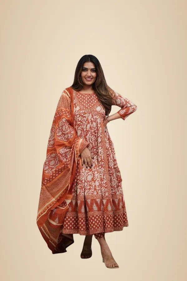 Orange_Cotton_Floral_Printed_Anarkali_Kurti_With_Pant_And_Mulmul_Dupatta_Set_For_Women