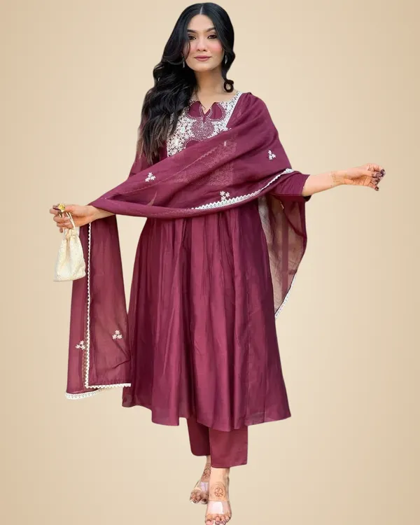 Purple_Cotton_Printed_Anarkali_Kurti_With_Pant_And_Mulmul_Dupatta_Set_For_Women