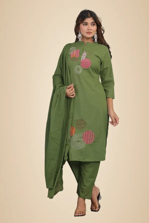 Green_Cotton_Embroidery_Straight_Kurti_With_Pant_Set_For_Women