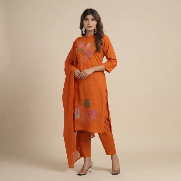 Orange_Cotton_Embroidery_Straight_Kurti_With_Pant_Set_For_Women