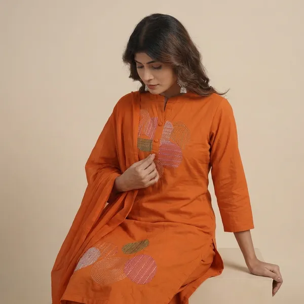 Orange_Cotton_Embroidery_Straight_Kurti_With_Pant_Set_For_Women