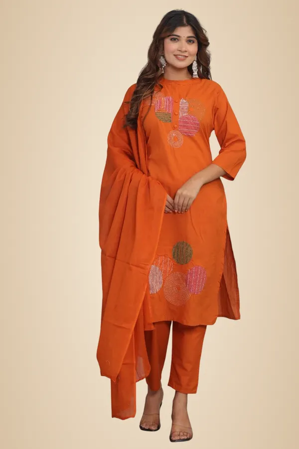 Orange_Cotton_Embroidery_Straight_Kurti_With_Pant_Set_For_Women