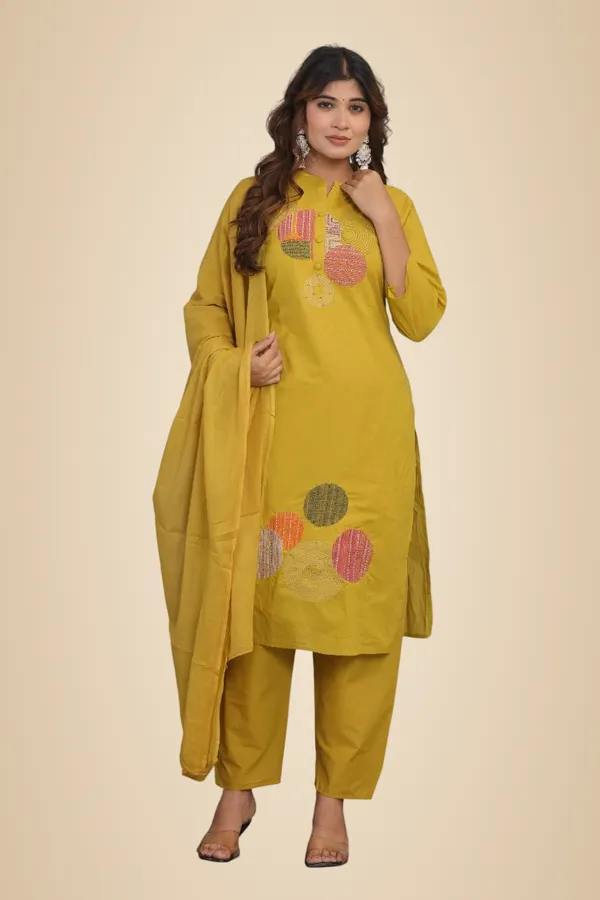 Yellow_Cotton_Embroidery_Straight_Kurti_With_Pant_Set_For_Women