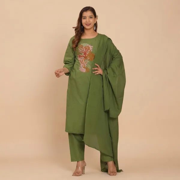 Green_Cotton_Embroidery_Straight_Kurti_With_Pant_Set_For_Women