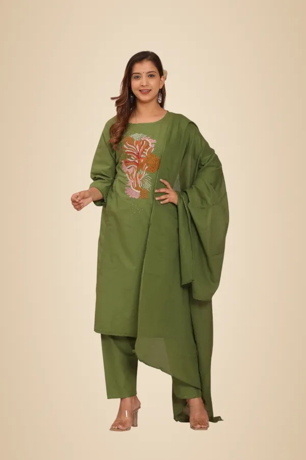 Green_Cotton_Embroidery_Straight_Kurti_With_Pant_Set_For_Women