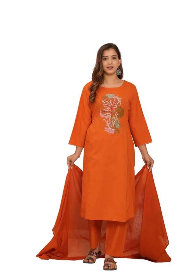 Orange_Cotton_Embroidery_Straight_Kurti_With_Pant_Set_For_Women