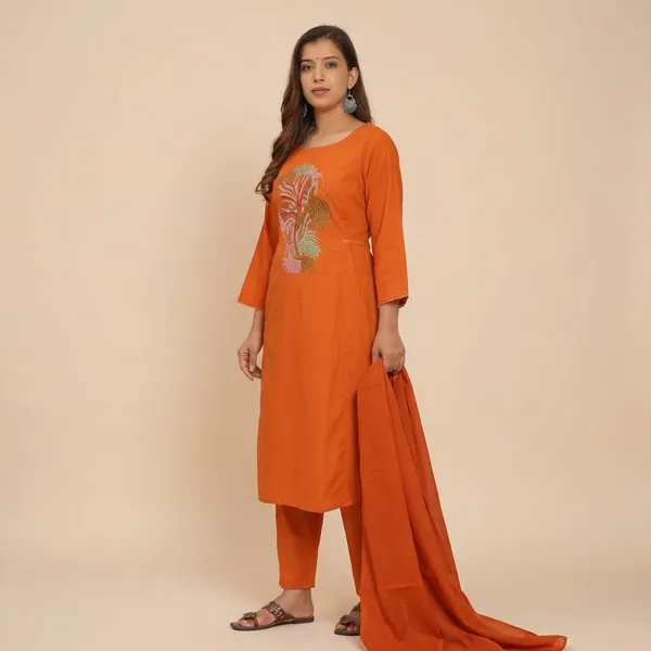Orange_Cotton_Embroidery_Straight_Kurti_With_Pant_Set_For_Women