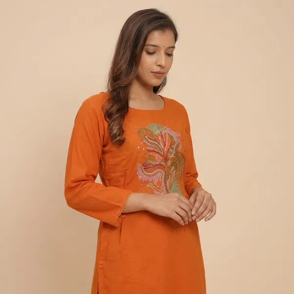 Orange_Cotton_Embroidery_Straight_Kurti_With_Pant_Set_For_Women
