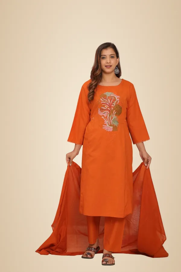 Orange_Cotton_Embroidery_Straight_Kurti_With_Pant_Set_For_Women