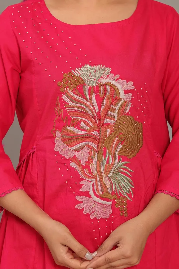 Pink_Cotton_Embroidery_Straight_Kurti_With_Pant_Set_For_Women