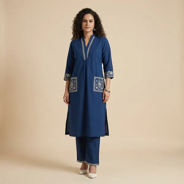 Blue_Cotton_Embroidery_Straight_Kurti_With_Pant_Set_For_Women
