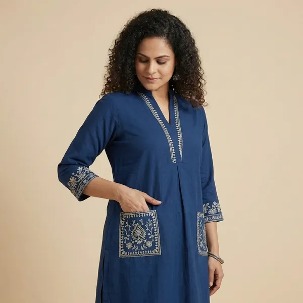 Blue_Cotton_Embroidery_Straight_Kurti_With_Pant_Set_For_Women