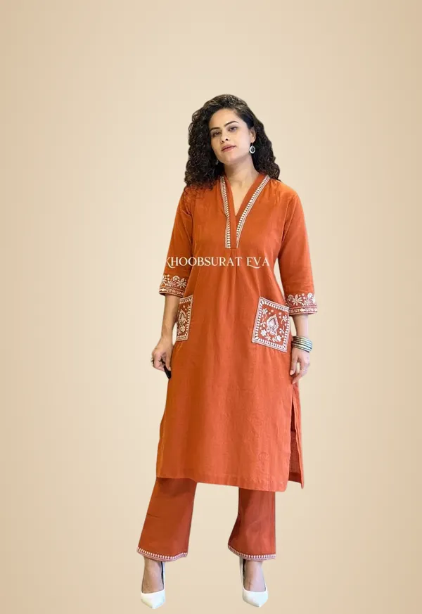 Brown_Cotton_Embroidery_Straight_Kurti_With_Pant_Set_For_Women
