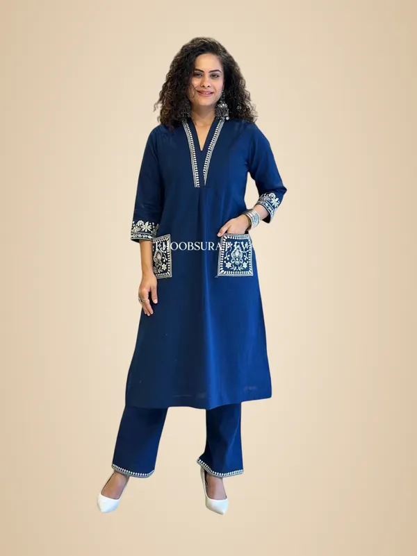 Blue_Cotton_Embroidery_Straight_Kurti_With_Pant_Set_For_Women