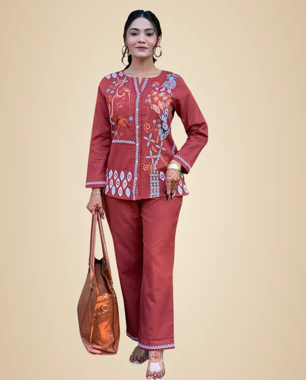 Brown_Cotton_Embroidery_Straight_Kurti_With_Pant_Set_For_Women