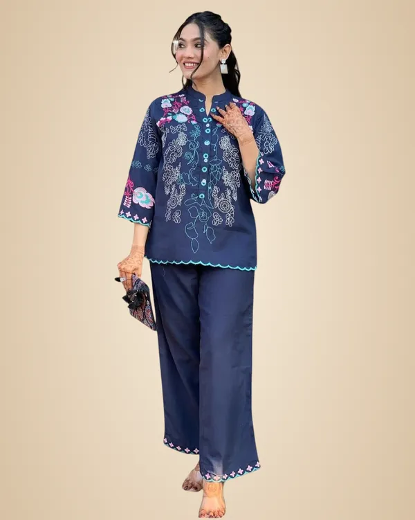 Blue_Cotton_Embroidery_Straight_Kurti_With_Pant_Set_For_Women