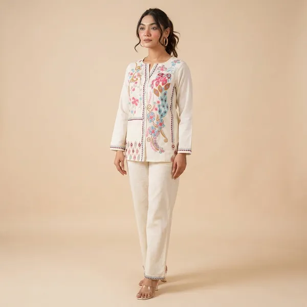 White_Cotton_Embroidery_Straight_Kurti_With_Pant_Set_For_Women