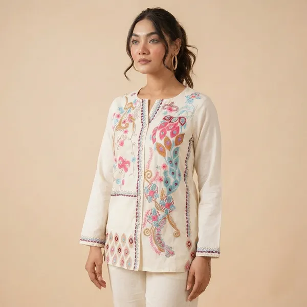 White_Cotton_Embroidery_Straight_Kurti_With_Pant_Set_For_Women