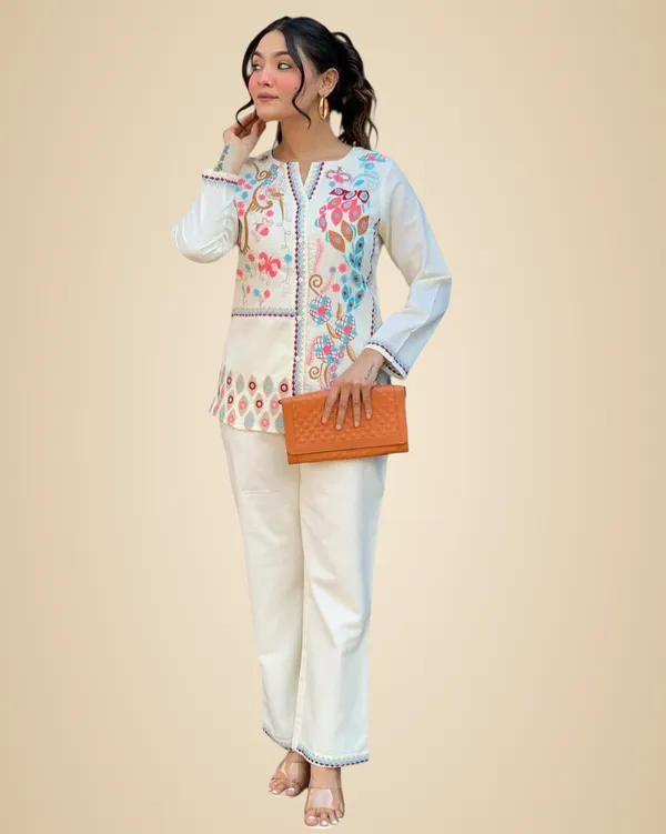 White_Cotton_Embroidery_Straight_Kurti_With_Pant_Set_For_Women