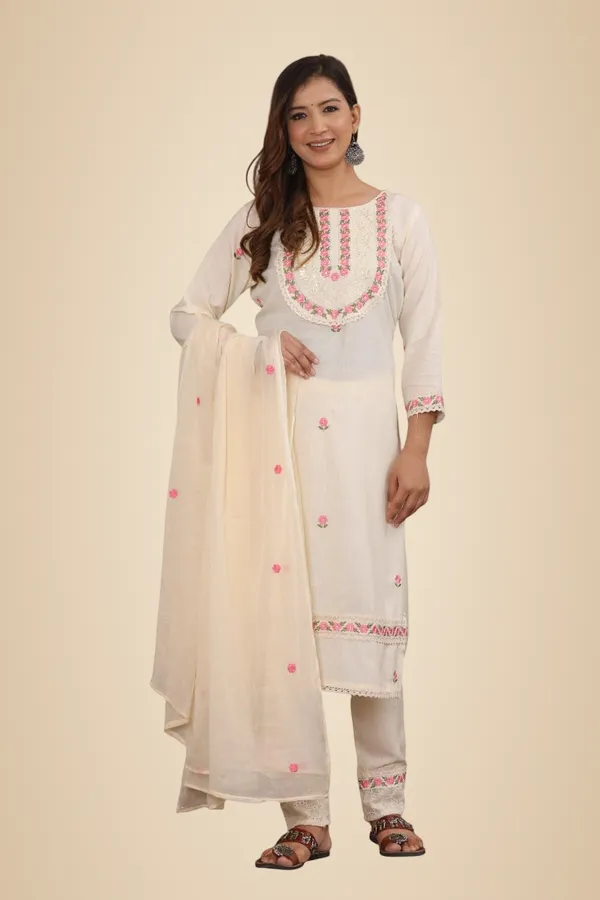 White_Cotton_Embroidery_Straight_Kurti_With_Pant_Set_For_Women