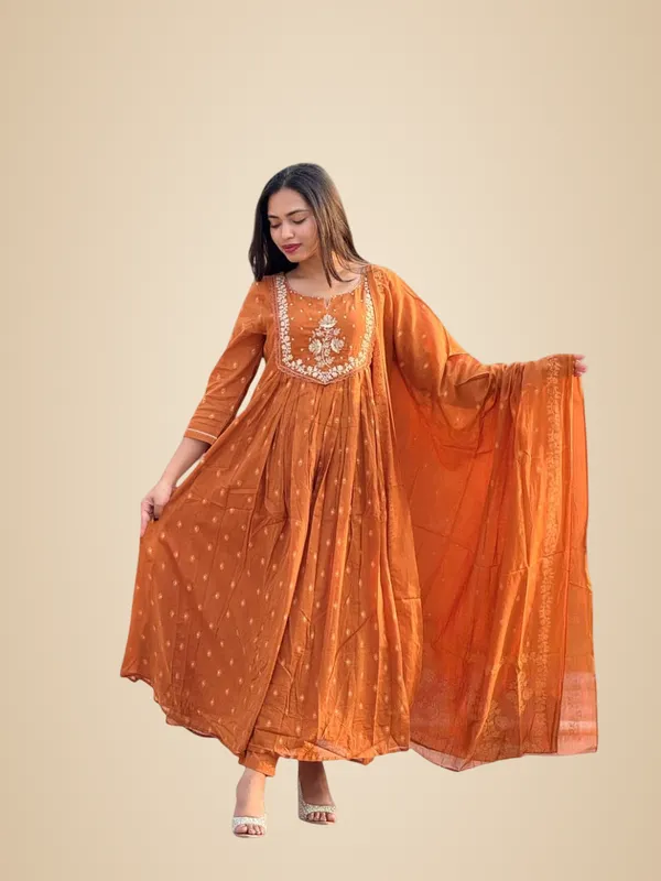 Orange_Cotton_Embroidery_Anarkali_Kurti_And_Pant_With_Dupatta_Set_For_Women