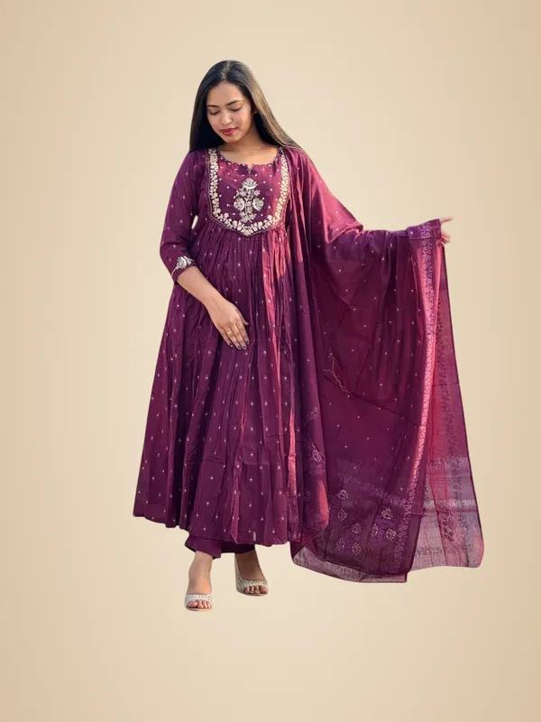 Purple_Cotton_Embroidery_Anarkali_Kurti_And_Pant_With_Dupatta_Set_For_Women