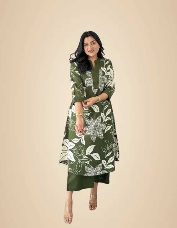Green_Cotton_Floral_Printed_Straight_Kurti_With_Pant_Set_For_Women