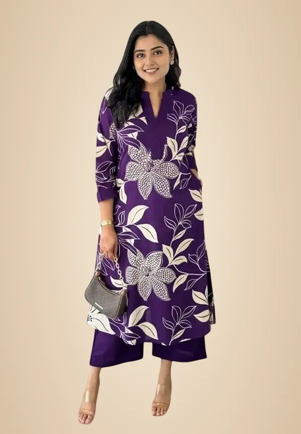 Purple_Cotton_Floral_Printed_Straight_Kurti_With_Pant_Set_For_Women