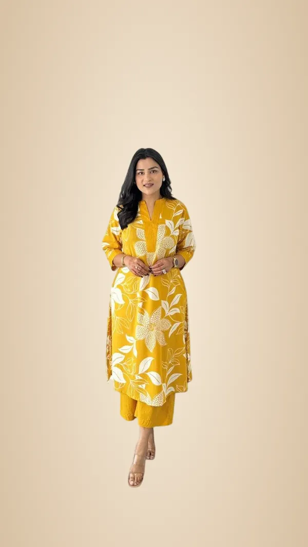 Yellow_Cotton_Floral_Printed_Straight_Kurti_With_Pant_Set_For_Women