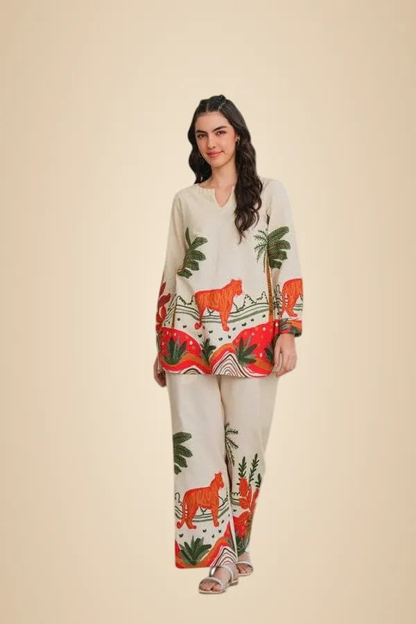 White_And_Orange_Cotton_Floral_Printed_Straight_Short_Kurti_With_Pant_Set_For_Women