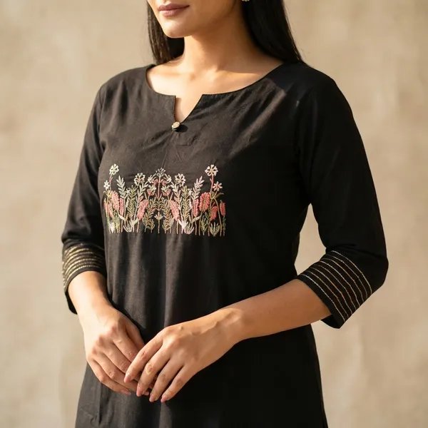 Black_Cotton_Embroidered_Straight_Kurti_With_Pant_Set_For_Women